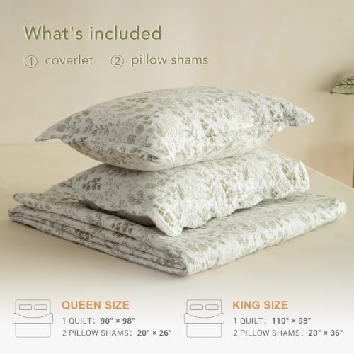 Lady Ann 100% Cotton Queen Quilt Set, Soft Cottagecore Green Leaves Botanical Pattern Printed Quilted Bedspread & Coverlet, 3 PCS Lightweight Queen Bedding Set for All Season