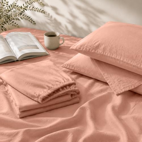 MEISHANG 100% French Linen Sheets King,4 Pcs,16" Deep Pocket