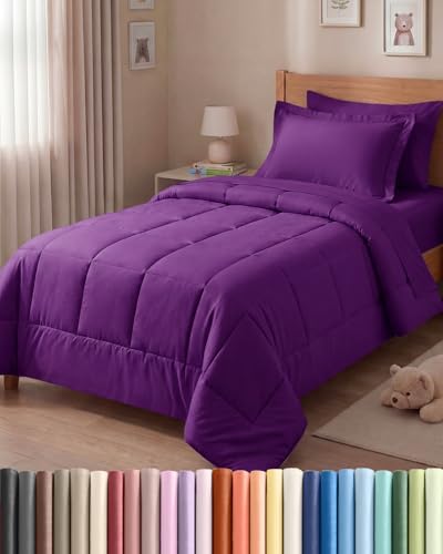 Twin Comforter Set - 5 Piece Bed in a Bag Twin Size Bed Set, Soft - Purple