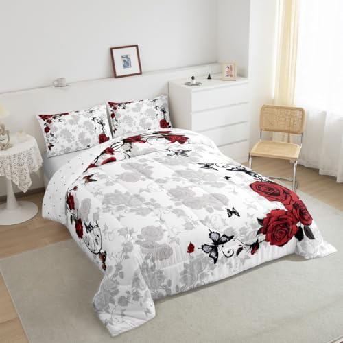 jejeloiu Red Black Rose Comforter Set Toddler Size Kids Vintage Floral Flower Bedding Set Boys Girls Botanical Leaves Duvet Breathable Blossom Plant Quilt Bedroom Decor,1 Comforter with 1 Pillowcase