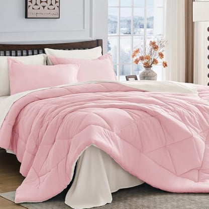 HEVUMYI 5-Piece Twin Comforter Set, Pink & Ivory Bed in a Bag