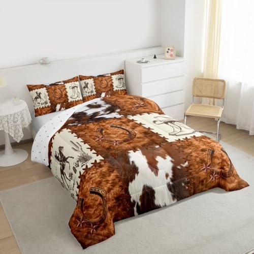 jejeloiu Cow Fur Print Kids Comforter Set Queen Size Animal Skin Bedding Set Checkered Duvet Quilt for Kids Boys Girls Bedroom Decor Microfiber Ultra Soft Breathable