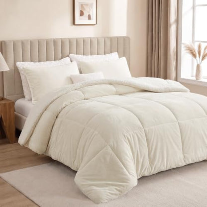 Fluffy Sherpa King Comforter Set, Thick Bedding Set 3 Pieces, Cream