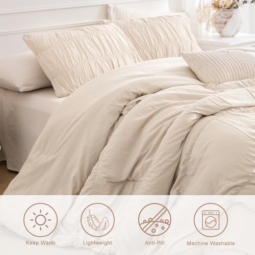 Masaca King Size Comforter Set(106"x95"),Wheat Ruched Bedding Comforter,Farmhouse Shabby Boho Chic Bedding 3 Pieces Lightweight Ruffle Textured Cal King Bed Comforter for All Season