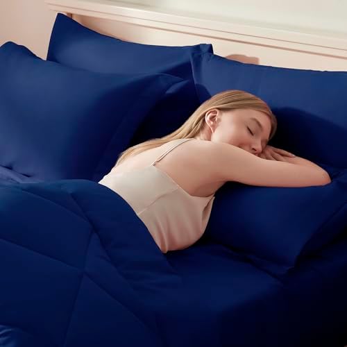 ELNIDO QUEEN® King Size Comforter Set Navy - 7 Pieces King Bed in a Bag, Bed Set All Seasons, Soft Navy Bedding Sets with Dark Blue Comforter, Flat Sheet, Fitted Sheet, Pillowcases and Pillow Shams