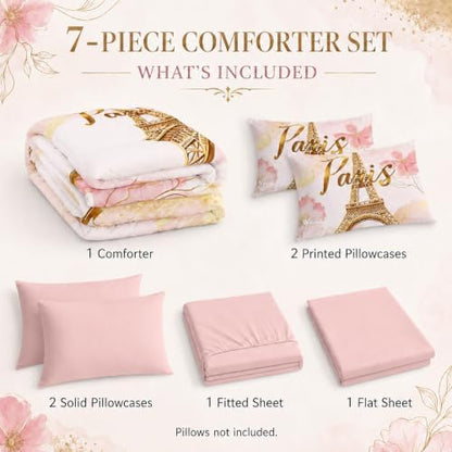AILONEN Paris Eiffel Tower Comforter Set Full 7-Piece Tie Dye Flower Pink Bed in a Bag for Girls Women,Soft Comforter & Fitted Sheet with Flat Sheet,2 Pillowcases,2 Pillow Shams