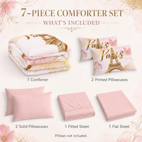 AILONEN Paris Eiffel Tower Comforter Set Queen 7-Piece Tie Dye Flower Pink Bed in a Bag for Girls Women,Soft Comforter & Fitted Sheet with Flat Sheet,2 Pillowcases,2 Pillow Shams