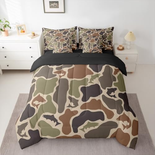 Erosebridal Camo Fish Twin Comforter Set with Sheets 7 Piece Bass Pike Fish Bed in A Bag Fishing Hunting Camouflage Bedding Sets for Kids Boys Girls Army Military Hunter Bed Set
