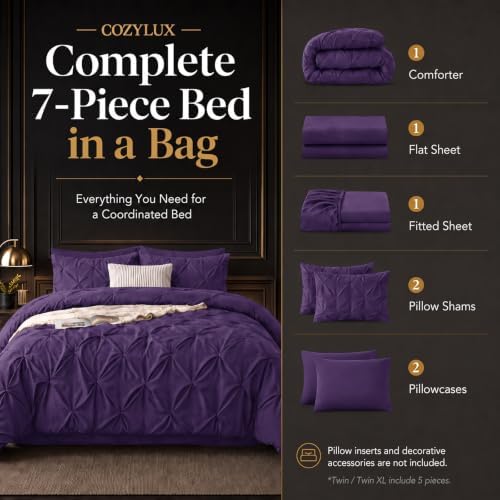 CozyLux Queen Comforter Set Purple, 7 Pieces Pintuck Bed in a Bag