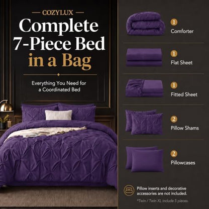 CozyLux Full Size Comforter Sets Purple, 7 Pieces Pintuck Bed in a Bag