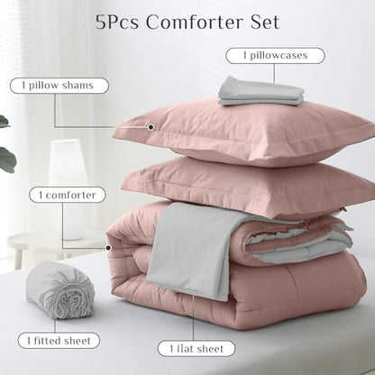 JOLLYVOGUE Twin XL Comforter Set, Ultra-Soft Bed in a Bag Twin XL Size 5 Pieces, Oeko-TEX Certified Bedding Set with Down Alternative Comforter, Sheets, Pillowcases & Shams, Pink & Light Grey