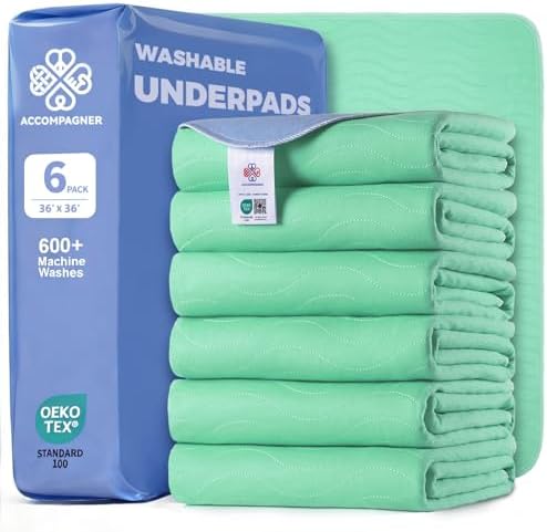 Accompagner Incontinence Bed Pads Washable Waterproof, Ultra-Absorbent Reusable Underpads for Diaper Changing, Nursing, Bedridden, Adults, Seniors, Kids and Dogs (Green, 36"x36"(Pack of 6))