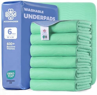 Accompagner Incontinence Bed Pads Washable Waterproof, Ultra-Absorbent Reusable Underpads for Diaper Changing, Nursing, Bedridden, Adults, Seniors, Kids and Dogs (Green, 36"x36"(Pack of 6))