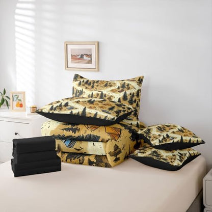 Erosebridal Camping Map Kids 7 Pcs Bedding Set King Size Camper Adventure Bed in A Bag Vintage Rv Farmhouse Comforter Set with Sheets Mountain Pine Tree Bed Sets for Boys Teens Men Bedroom Decor