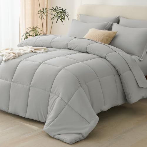 CozyLux King Size Comforter Set, 7-Piece Bed in a Bag, Silver Grey