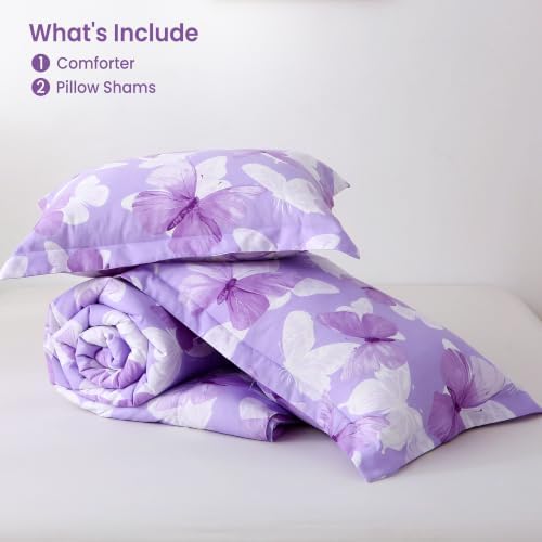 Mooreeke Purple Queen Size Comforter Sets, Lightweight Butterfly Printed Bedding for All Seasons, 3-Piece Vintage Bed in a Bag with Fluffy Quilted Reversible Comforter & 2 Pillow Shams