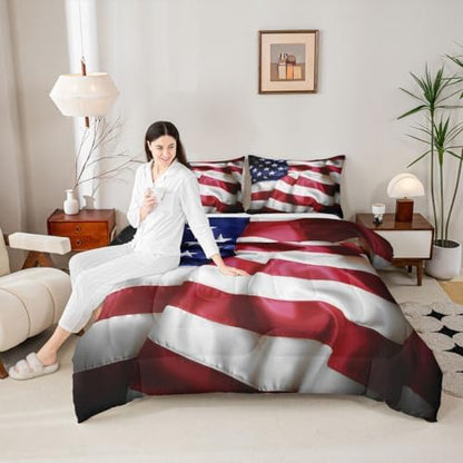Erosebridal American Flag Comforter Set, United States Down Comforter Twin Size for Kids Boys Teens, USA Federations Stars Bedding Set Geometric Stripes Quilted Duvet for Bedroom, Blue White and Red