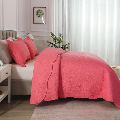 HoneiLife Quilt Sets King Size - Microfiber Bedspreads for King Bed, 3-Piece Lightweight Coverlets, Retro Bedlinen Sets, King Quilt Bedding Set All Season Use-Sugar Coral