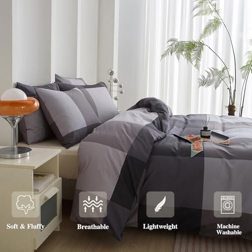 mixinni King Comforter Set Men Boys Geometric Checkered Plaid Printed Bedding Comforter for All Season Soft Lightweight Bedding Set-(King Size, Grey,Black)