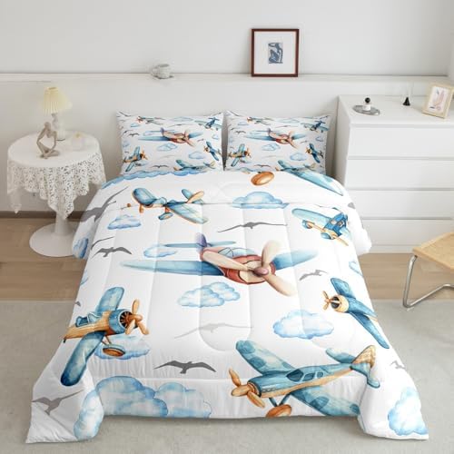 Erosebridal Boys Cartoon Propeller Plane King Size Comforter Set, Aircraft Airplane Bedding Set, Blue Clouds Comforter for Kids Child Girls Adults Bedroom, Flying Birds Animals Duvet Insert