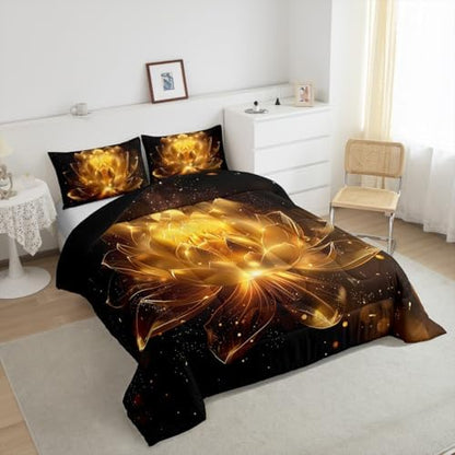 jejeloiu Golden Black Comforter Set Full Size Kids Golden Lotus Flower Bedding Set for Boys Girls Teens Zen Spa Duvet Breathable Floral Quilt Bedroom Decor,1 Comforter with 2 Pillowcase