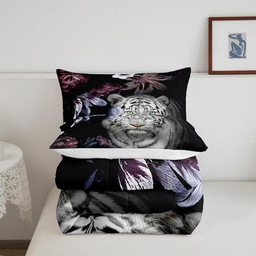 Castle Fairy White Tiger Comforter Set Full,Colorful Flowers Plants Bedding Set for Kids Teens Woman Adults Room Decor,3D Wild Animals Nature Quilt Set Ultra Soft Down Comforter,2 Pillowcases,Black