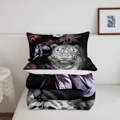Castle Fairy White Tiger Comforter Set Full,Colorful Flowers Plants Bedding Set for Kids Teens Woman Adults Room Decor,3D Wild Animals Nature Quilt Set Ultra Soft Down Comforter,2 Pillowcases,Black
