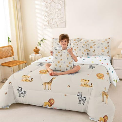 Erosebridal Cute Animals 7 Pieces Bedding Set Cartoon Giraffe Lion Tiger Wildlife Twin Comforter Set Kids Zoo Wild Animals Bed in A Bag with Flat and Fitted Sheet Elephant Zebra Woodland Bed Set