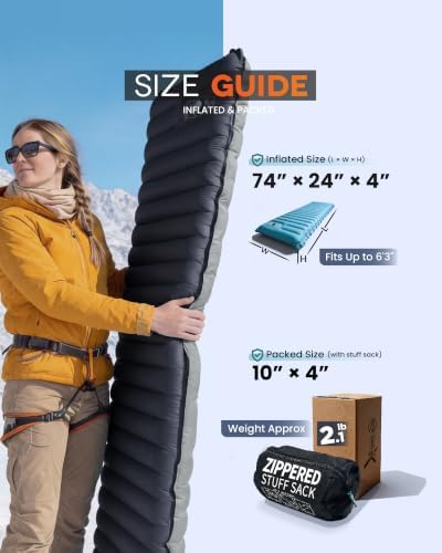 ZOOOBELIVES Inflatable Camping Sleeping Pad, 4-Inch Thick Full Air Support, No Bottoming Out for Side Sleepers, Camping & Backpacking Mattress with Built-in Foot Pump, Durable & Compact – Airlive2000