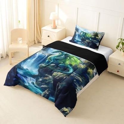 Feelyou Dragon Kids Comforter Set Toddler Size Magical Beast Bedding Set Wild Animal Duvet Quilt for Kids Boys Girls Bedroom Fantasy Animal Decor Jungle Dragon Microfiber Ultra Soft Breathable
