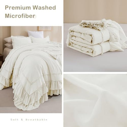 Masaca Oversized King Comforter 128x120,Farmhouse Shabby Boho Chic Ruffled Bedding Comforter Set,3Pcs Ivory Ruffle Extra Large King Size Comforter Sets French Country Rustic Bedding Set Ultra Soft