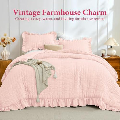 JOLLYVOGUE Blush Pink Queen Comforter Set,3pcs Ruffle Seersucker Bed Set