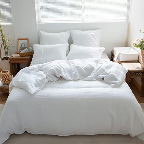 Simple&Opulence 100% Linen Duvet Cover Set 3pcs Basic Style Natural French Washed Flax Solid Color Soft Breathable Farmhouse Bedding with Button Closure - White, Full