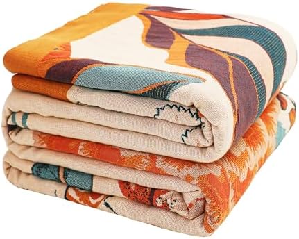 VANJOROY Boho Large Throw Blanket, 100% Organic Cotton Breathable Soft Bed Throw - Floral Bird Farmhouse Decor Blanket for Sofa Couch Chair Quilt and Gift. 91" x 98"- Beige