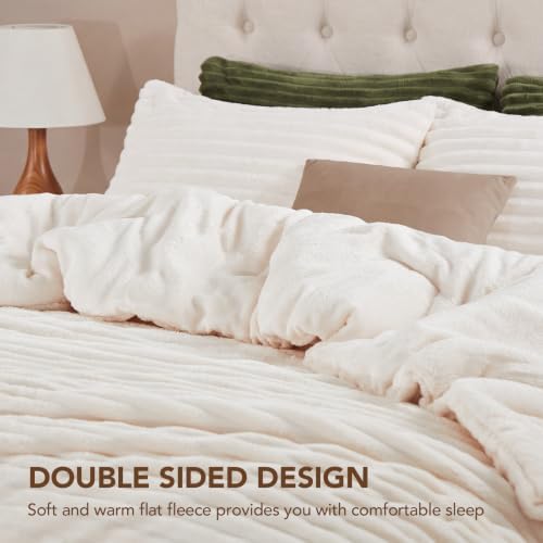 HYLEORY Fluffy King Comforter Set 3 Pieces - Fleece Fluffy Soft & Warm Plush Cream White Comforter Sets, Luxury Fuzzy Bedding Sets, All Season Heavy Bed Set King Size with 2 Pillowcases