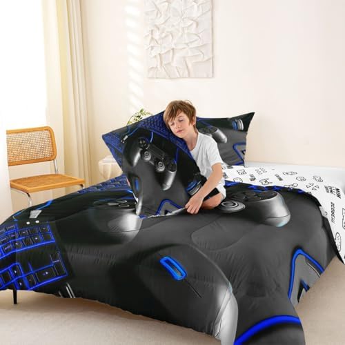 Feelyou Gamer Bedding Set Soft for Boys Girls, Gaming Comforter Set Queen Size Game Room Decor Duvet Quilt Microfiber Gamepad Bedroom Decor Blue 3 Pcs with 2 Pillow Cases