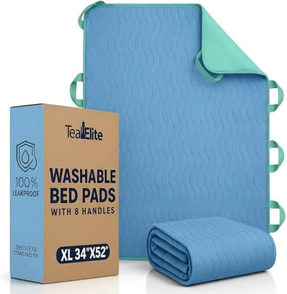 Washable Positioning Bed Pad with 8 Reinforced Handles – 34"x52" Waterproof, Quick-Dry, Absorbent Underpad for Elderly Care, Turning, Lifting & Incontinence Protection (Powder Blue, 34"X52")