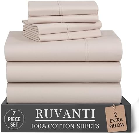 RUVANTI 100% Cotton Split King Sheets, Percale Sheets Set, Soft Beige