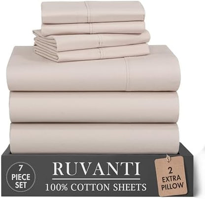 RUVANTI 100% Cotton Split King Sheets, Percale Sheets Set, Soft Beige
