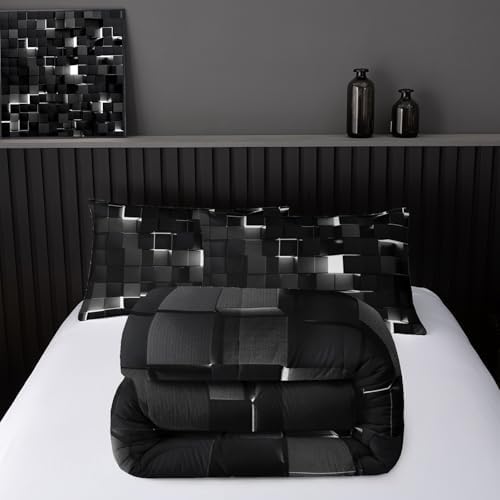 Nttopship Neon White Black Comforter Set Queen Geometric Kids Bedding Set,3 PCS Geometry Honeycomb Bed Set Modern Quilt Set 1 Comforter 2 Pillow Cases Cool Room Decor All Season B-Side Black