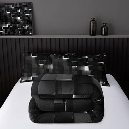 Nttopship Neon White Black Comforter Set Queen Geometric Kids Bedding Set,3 PCS Geometry Honeycomb Bed Set Modern Quilt Set 1 Comforter 2 Pillow Cases Cool Room Decor All Season B-Side Black