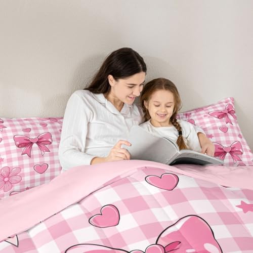 jejeloiu Bowknot Comforter Set Toddler Size Checkerboard Bedding Set for Kids Boys Girls Pink Bow Duvet Quilt Plaid Bedroom Decor Microfiber 2 Pcs with 1 Pillow Cases
