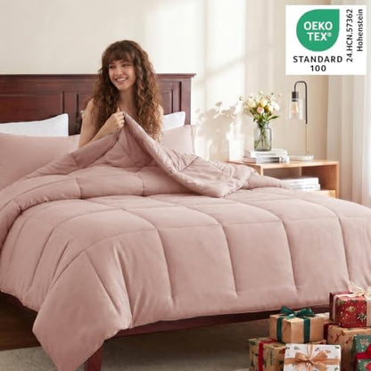 CozyLux Queen Size Comforter Set, 3-Piece Box-Stitched, Dusty Pink