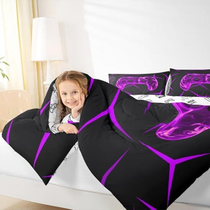 Castle Fairy Gaming Honeycomb Purple King Size Comforter/Duvet Set,Gamer Ultra Soft Bed Collection,Gamepad Game Controller Bedding for Room Decor 3 Pcs,Microfiber Breathable