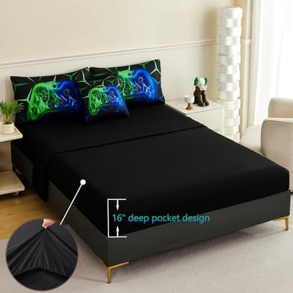 ZRNBAST Blue Green Gamer Comforter Set Full Size Boys Gaming Bed in a Bag