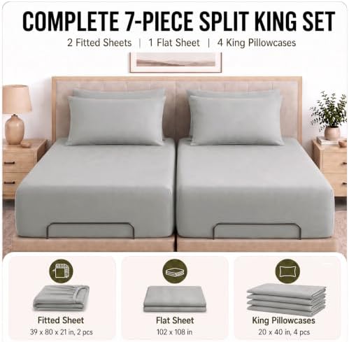 CozyLux Split King Sheets 7-Piece, 21-Inch Deep Pocket, Soft Brushed Feel