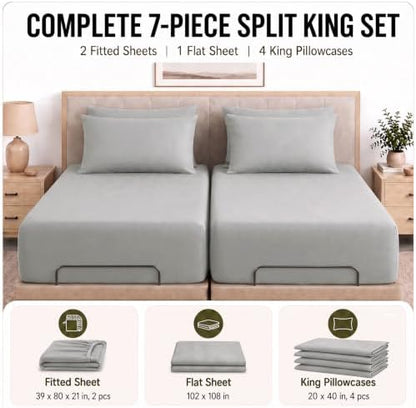 CozyLux Split King Sheets 7-Piece, 21-Inch Deep Pocket, Soft Brushed Feel