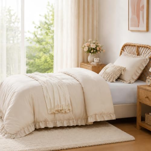 FUANNA Twin/Twin XL Comforter Set, Ruffle Bed Set, 2 PCS Bedding Set, Beige