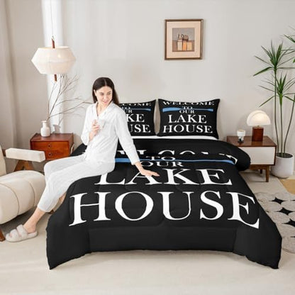 Lake House Comforter Set Toddler Size, Blue Paddle Lake Camping Bedding Set 2pcs, Rustic Farmhouse Lake Life Black Down Comforter for All Season, Kids Boys Girls Room Decor, 1 Pillowcase, No Sheets