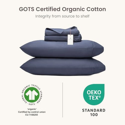 BIOWEAVES 100% Organic Cotton Sheets, 300 Thread Count 4-Piece GOTS Certified Bed Sheet Set Fits Mattress Upto 17" Deep Pocket, Soft & Silky Sateen Weave (Queen, Mineral)